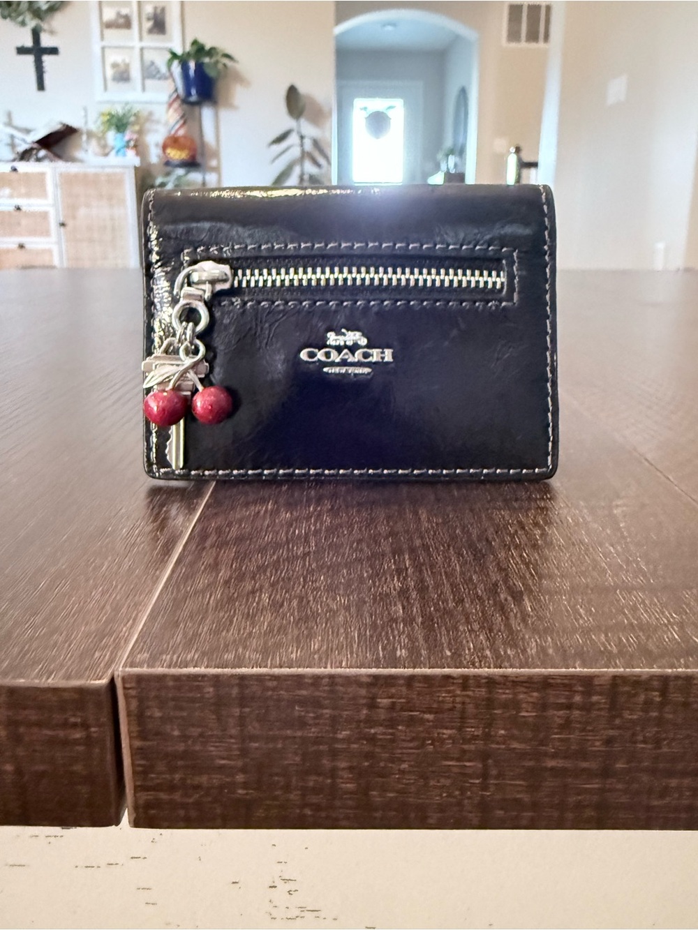 Coach Black Leather Card Holder with Cherry Charm